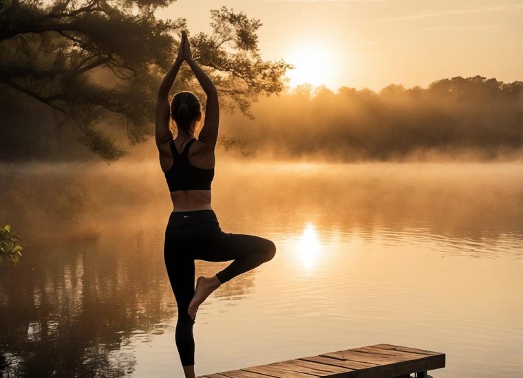 A girl practicing yoga in the morning near a pond for better personality development
